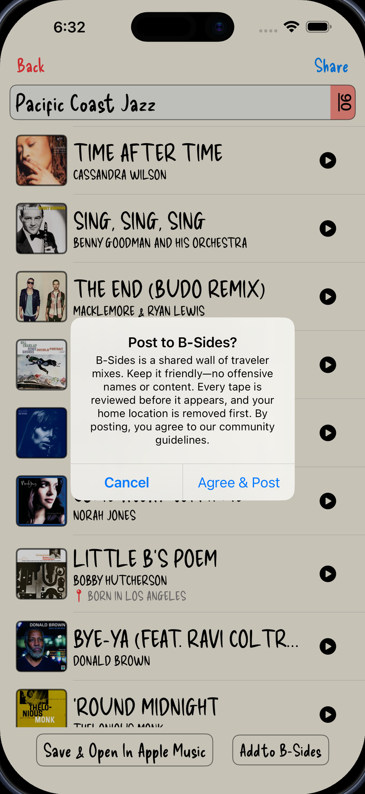 The Post to B-Sides dialog: every tape is reviewed before it appears, kept friendly, no offensive names or content, and the traveler's home location is removed — the user agrees to the community guidelines before posting