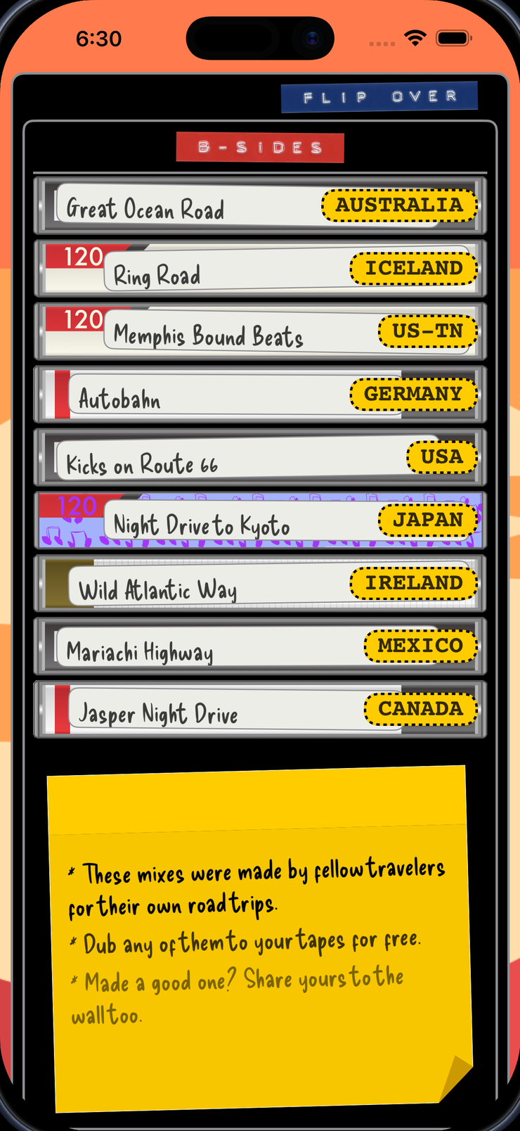 The B-Sides wall with a note: these mixes were made by fellow travelers for their own road trips — dub any of them for free, or share your own
